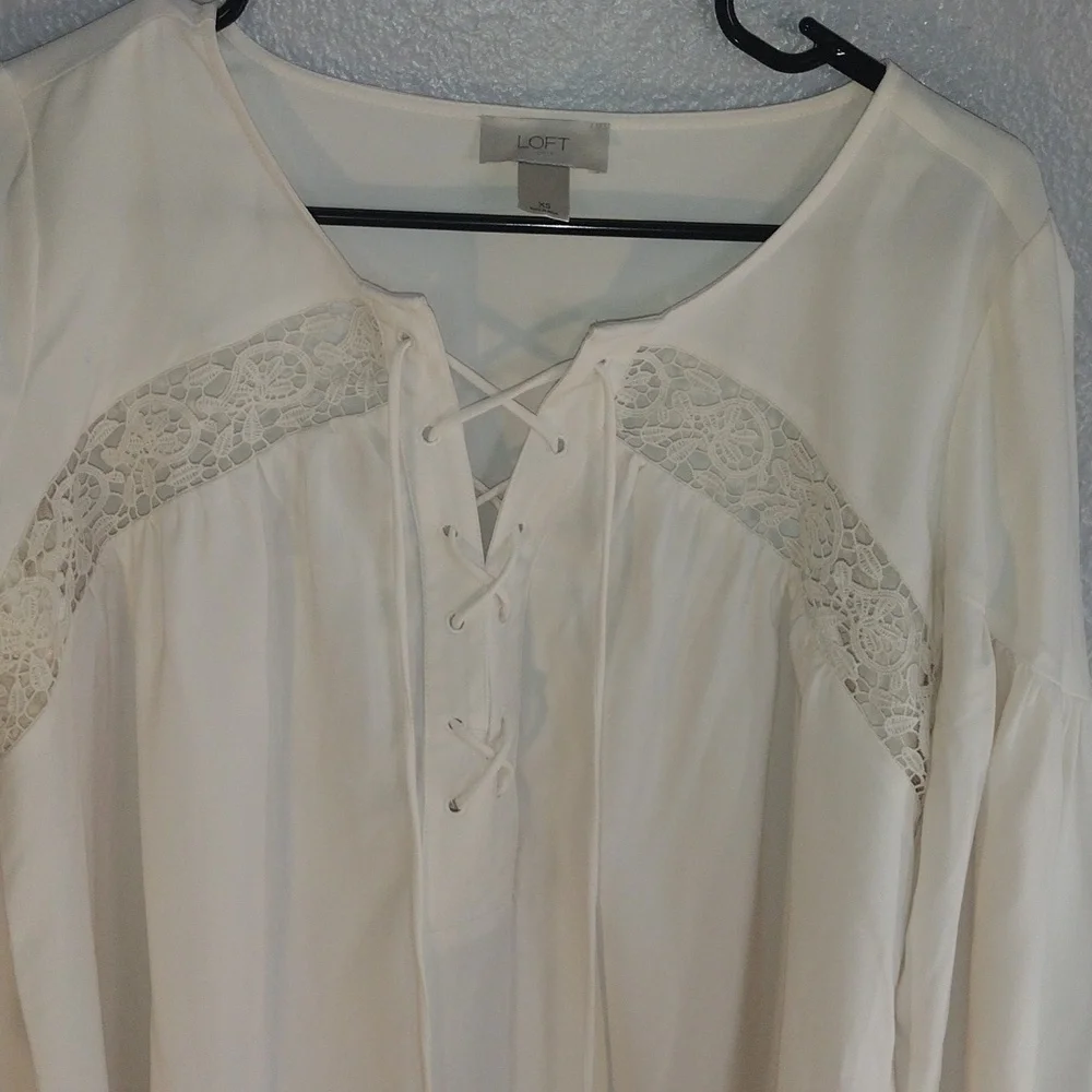 Cream Peasant Puff Sleeve Lace up Front Top Oversized XS